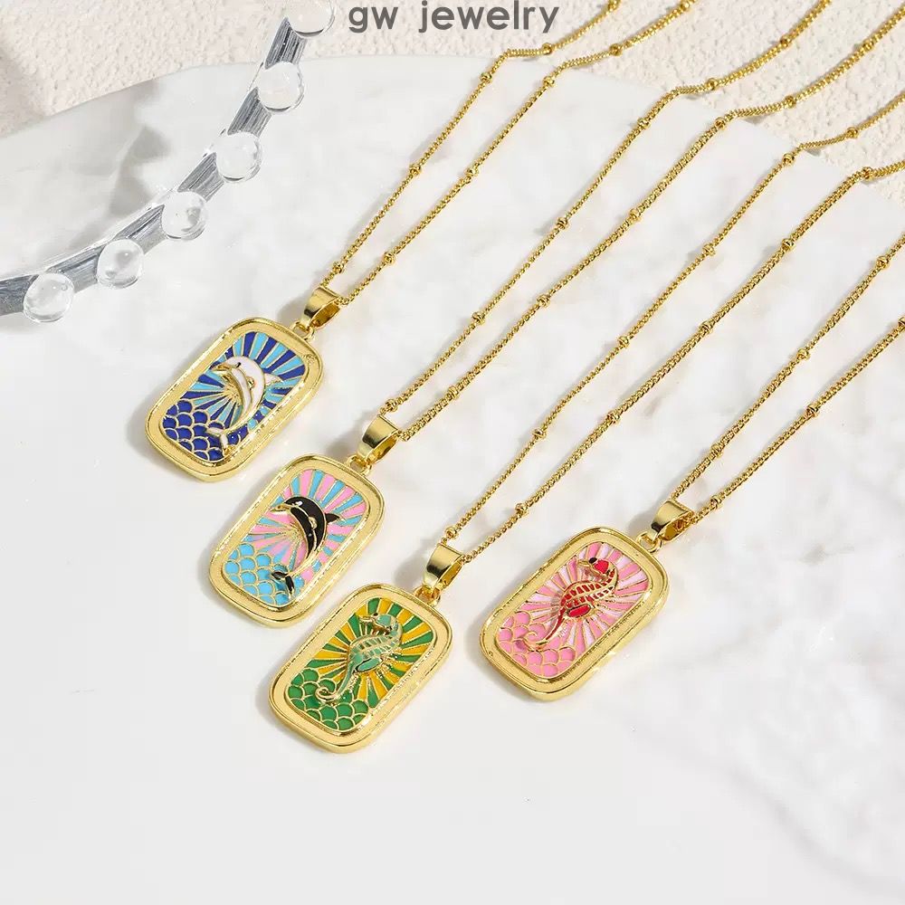 dolphin colored enamel tarot card necklace
